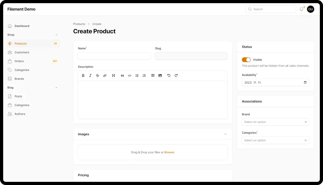 Filament PHP demo termék feltöltés