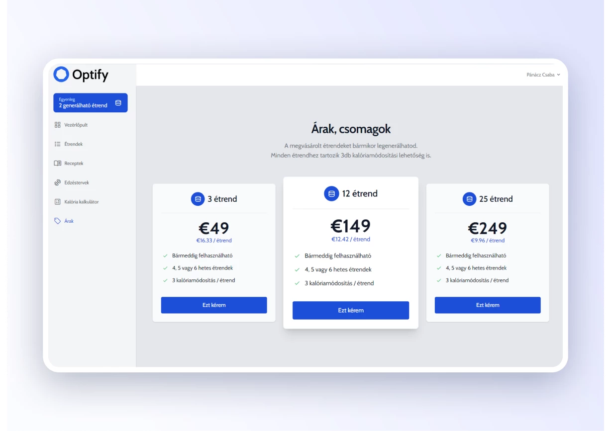 Optify Fitness esettanulmány - Árak
