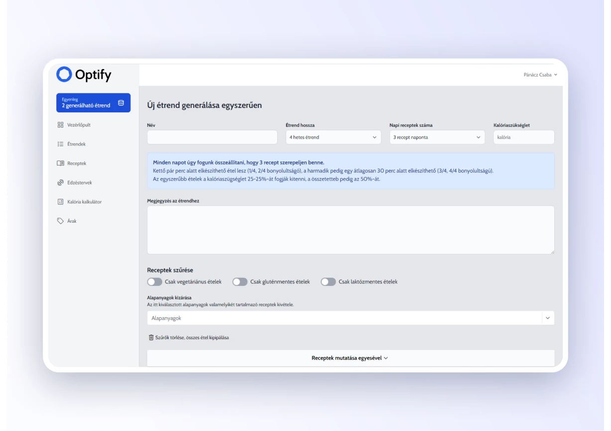 Optify Fitness esettanulmány - Új étrend összeállítása